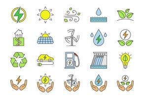 alternatieve energiebronnen gekleurde pictogrammen instellen. eco-kracht. hernieuwbare bronnen. water, zonne-, thermische, windenergie. geïsoleerde vectorillustraties vector