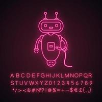 chatbot met usb-kabel neonlichtpictogram. talkbot met usb-stekkers naar kabel. moderne robot. virtuele assistent. online hulpje. gloeiend bord met alfabet, cijfers en symbolen. vector geïsoleerde illustratie