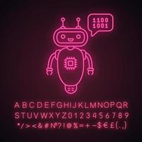 chatbot codering neonlicht icoon. talkbot met chip-insert. codebot. code schrijven virtuele assistent. online hulpje. gloeiend bord met alfabet, cijfers en symbolen. vector geïsoleerde illustratie