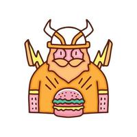 bebaarde viking met bliksem en hamburgerillustratie. cartoonafbeeldingen voor t-shirtafdrukken en ander gebruik. vector