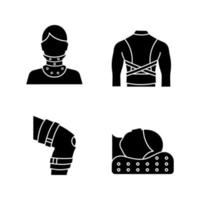trauma behandeling glyph pictogrammen instellen. halskraag, houdingscorrector, kniebrace, orthopedisch kussen. silhouet symbolen. vector geïsoleerde illustratie