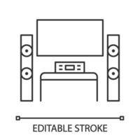 thuisbioscoopsysteem met lineair tv-pictogram. tv-toestel met audiosysteem. dunne lijn illustratie. thuisbioscoop. televisie en luidsprekers. contour symbool. vector geïsoleerde overzichtstekening. bewerkbare streek