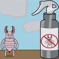 mascotte termiet en insecticide op hemelachtergrond. vector