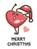 vrolijk kerstkaartontwerp met schattig gelukkig rood hart met kerstmuts cartoon vectorillustratie vector