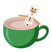 mok cacao met marshmallow sneeuwpop. vlakke stijl. seizoensgebonden winterdrank. kerstkop warme chocolademelk icoon voor logo, sticker, print, recept, menu, café decor en decoratie vector