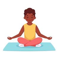 zwarte jongen mediterend in lotushouding. yoga en meditatie voor kinderen vector