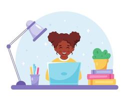zwart meisje studeren met computer. online leren, terug naar school vector
