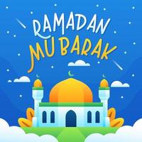 ramadan mubarak-tekst met moskee 's nachts boven de wolk vector