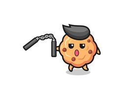 cartoon van chocolate chip cookie met nunchaku vector