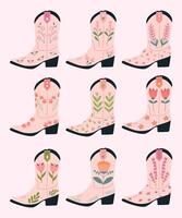 reeks van roze veedrijfster laarzen met verschillend bloemen ornamenten. wild west mode stijl. verzameling van retro elementen. Dames cowboy accessoires. vector vlak vector illustratie.
