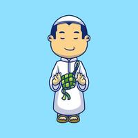 schattig Moslim jongen Holding ketupat Ramadan voedsel tekenfilm vector pictogrammen illustratie. vlak tekenfilm concept. geschikt voor ieder creatief project.