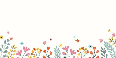 voorjaar of zomer rechthoekig bloemen sjabloon met leeg plaats voor tekst in vlak vector stijl. tekening inschrijving verschillend bloemen en groen bladeren.
