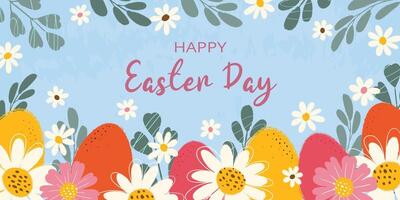 horizontaal groet achtergrond versierd hand- getrokken bloeiend bloemen, bladeren, kleurrijk eieren en typografie gelukkig Pasen dag. vlak vector grunge getextureerde illustratie Aan blauw achtergrond.
