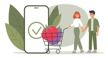 familie online boodschappen doen met vol karretje, kopen online vers groenten. levering app. vector illustratie