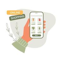 online bestellen concept. vrouw hand- met online boodschappen doen toepassing Aan telefoon scherm. karakter buying groenten van online winkel vector