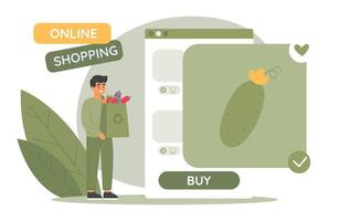 karakter kopen vers groenten van online markt. recycle zak vol van biologisch voedsel. online boodschappen doen concept. vector