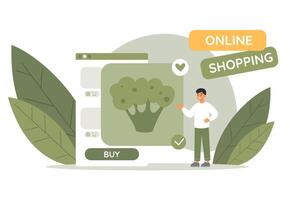 online bestellen concept. Mens buying broccoli van online winkel. kruidenier bestellen Aan telefoon sollicitatie. vector illustratie