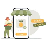 online boodschappen doen concept. meisje met boodschappen doen kar vol van groenten, kiest gezond voedsel Aan mobiel toepassing vector