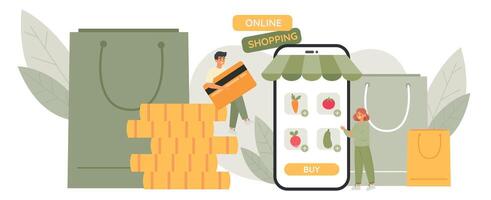 online bestellen concept. karakter buying groenten van online winkel. kruidenier bestellen Aan telefoon sollicitatie. vector illustratie