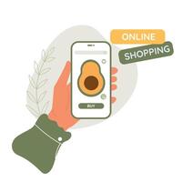 online boodschappen doen concept. vrouw hand- houden telefoon met app voor bestellen groenten Aan apparaat scherm. karakter buying groenten van online winkel vector