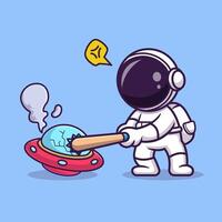 schattig astronaut vernietigen ufo met basketbal stok tekenfilm vector icoon illustratie. wetenschap technologie icoon concept geïsoleerd premie vector. vlak tekenfilm stijl