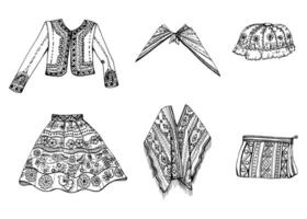 hand- getrokken inkt vector illustratie, geborduurd nationaal Indisch kleren zuiden centraal Amerika mode cultuur. reeks van voorwerpen geïsoleerd Aan wit achtergrond. ontwerp reis, vakantie, brochure, afdrukken