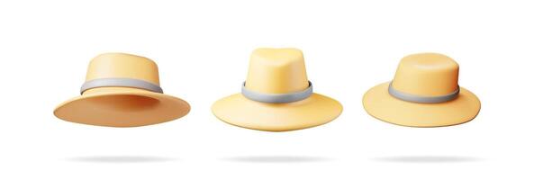 3d reeks van unisex rietje hoed geïsoleerd. geven verzameling van rietje zonnehoed met lintje. geel zomer kap. concept van zomer vakantie of vakantie, tijd naar reizen. strand ontspanning. vector illustratie