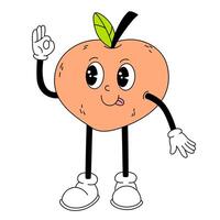 groovy perzik fruit. hand- trek grappig retro wijnoogst modieus stijl fruit tekenfilm karakter. tekening grappig vector illustratie