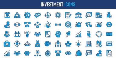 investering icoon set. zo net zo winst, Bedrijfsmiddel, investeerder, portefeuille, dividend, hoofdstad, risico, werkwijze, overeenkomst, project manager, grafiek, inflatie pictogrammen vector illustratie verzameling.