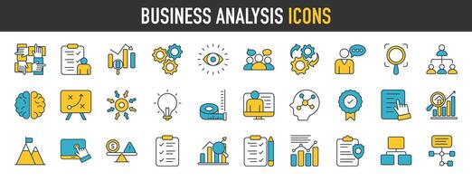 bedrijf analyse icoon set. gegevens verwerken, planning, schema, strategie, analyse, taken, doel en meer. vector pictogrammen verzameling illustratie.
