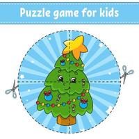 knippen en spelen. ronde puzzel boom. logische puzzel voor kinderen. activiteiten pagina. knipoefening voor de kleuterschool. stripfiguur. kerst thema. vector