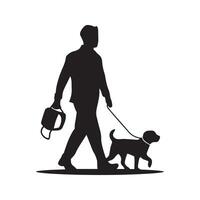 Mens wandelen met hond buitenshuis vector silhouet