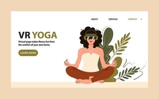 virtuele yoga-bestemmingspagina. vrouw in vr-bril in lotuspositie voor webbanner. platte vectorillustratie vector