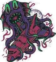 een illustratie van een Octopus met een ruimteschip vector