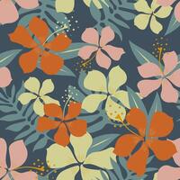palm bladeren en hibiscus bloemen het formulier een modern tropisch abstract zomer bloemen naadloos patroon voor textiel, omhulsel papier. vector. vector