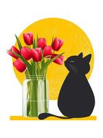 een zwart schattig kat zit met rood tulpen. vector