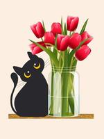 zwart schattig kat zit en looks Bij rood tulpen. vector