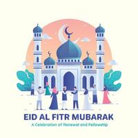 vlak illustratie van Islamitisch mensen vieren eid in voorkant van moskee vector