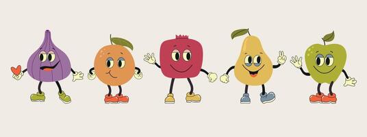fruit retro funky tekenfilm karakters. groovy fruit set. hand- trek grappig retro wijnoogst modieus stijl fruit tekenfilm karakter.groovy zomer vector illustratie. fruit sappig sticker pak.