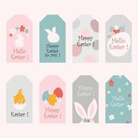 Pasen label verzameling met konijntjes en kleurrijk eieren. vector