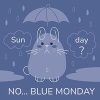 verdrietig schattig konijn met paraplu Aan blauw maandag. vlak kleur vector illustratie. kon worden een sjabloon voor een instagram na.