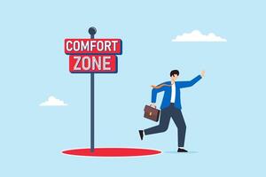 zakenman stappen uit van comfort zone cirkel, illustreren initiatief naar krijgen uit van veilig zone. concept van moed, bepaling, onderzoeken nieuw mogelijkheden, en overwinnen beperkingen vector