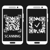 scan qr-code met mobiele telefoon. qr-codescans voltooid. machineleesbare streepjescode op smartphonescherm. verificatie of betalingsconcept. vector