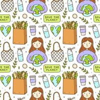 schattig naadloos patroon met recycle en herbruikbaar producten - glas water fles, maas tas, katoen kussentjes. een meisje Holding de aarde in haar handen, hartvormig planeet. nul afval, Gaan groente, opslaan de planeet. vector