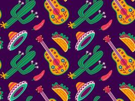 cinco de mayo naadloos patroon, mei 5, federaal vakantie in Mexico. symbolen van Mexicaans cultuur Aan een paars achtergrond. vector