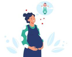 schattig zwanger vrouw denken over haar baby. verwachting van bevalling. gelukkig jong moeder in afwachting zoon vector