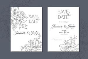 lijn kunst lelie bloem bruiloft uitnodiging sjabloon, schets lelie minimalistische bruiloft schrijfbehoeften vector