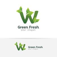 eco groene letter w logo ontwerpsjabloon. groene alfabet vectorontwerpen met groene en verse bladillustratie. vector