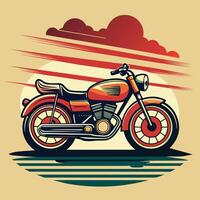 wijnoogst bijl motorfiets Aan zonsondergang achtergrond. vector illustratie in retro stijl.