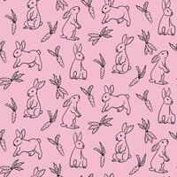voorjaar naadloos patroon met schets konijntjes en wortels. zwart tekening elementen Aan roze kleur. voorjaar vakantie ontwerp voor decoratie, inpakken, banier vector